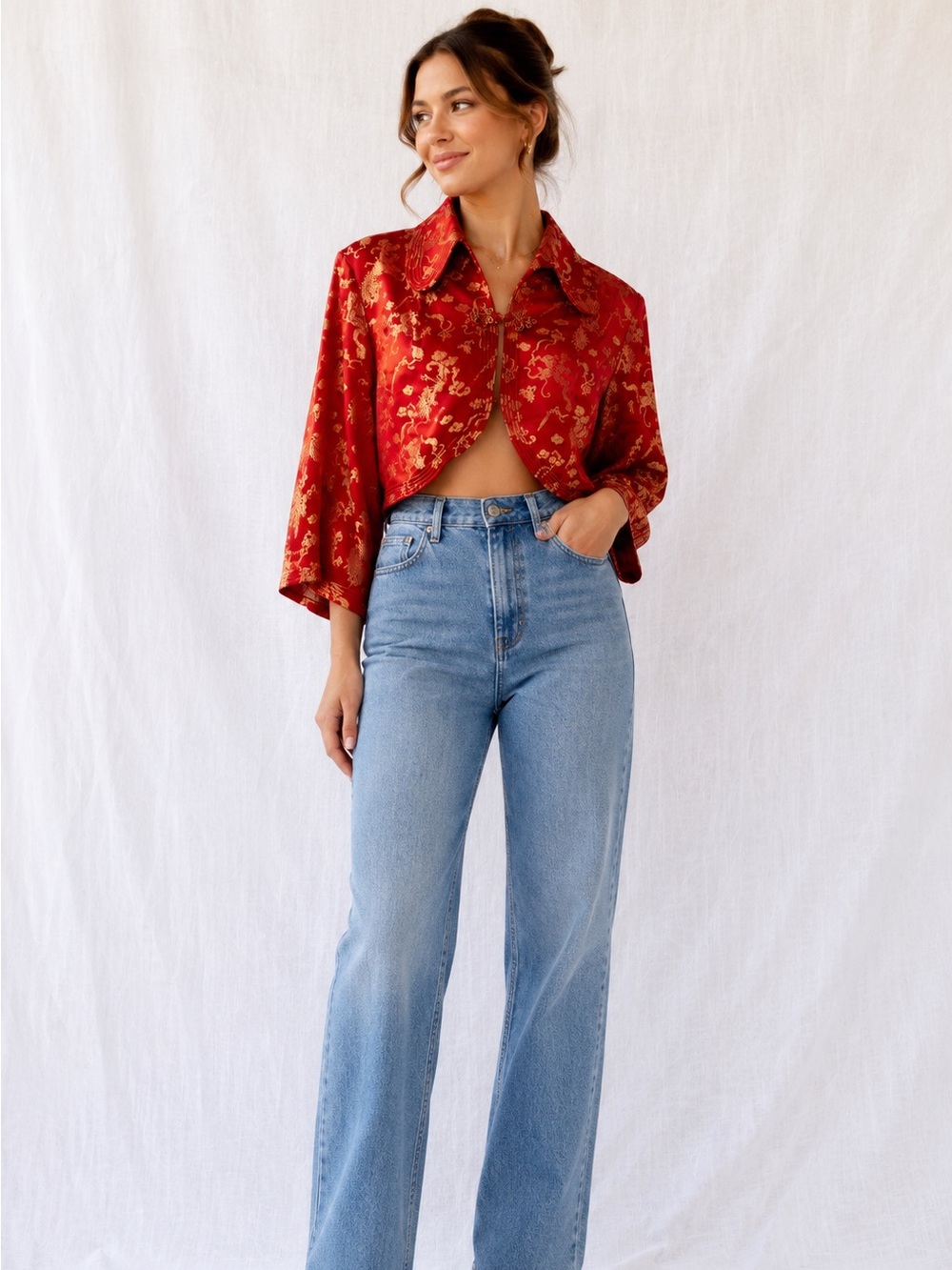 Vintage Red and Gold Cropped Satin Blazer size medium